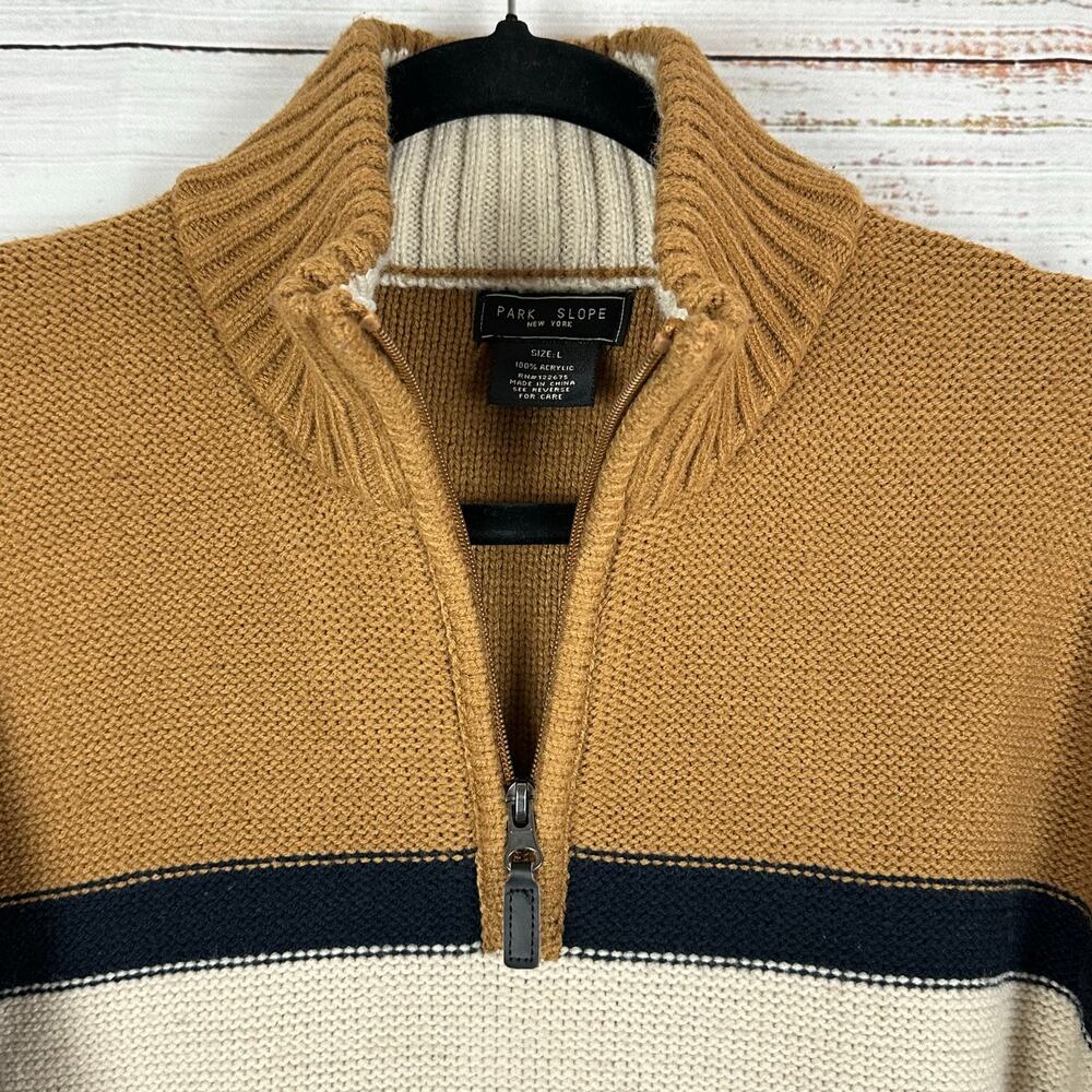Park Slope Navy Tan Striped 1/4 Zip Pullover Mock Neck Sweater Preppy Men Sz L